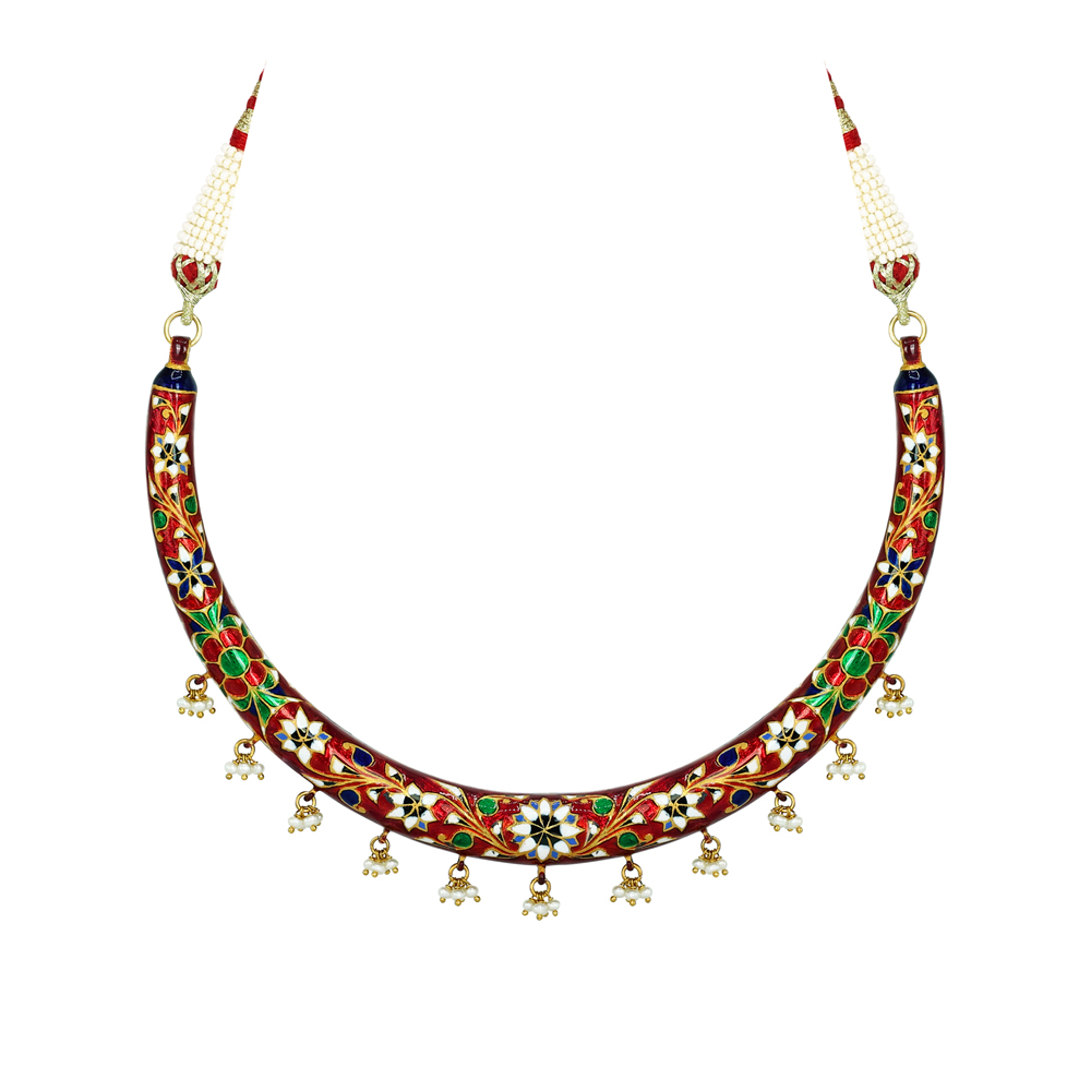 Polki Hasli Necklace Set with Red Enamel and Pearl Beads